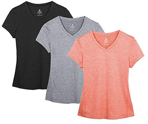icyzone Dam sport fitness t-shirt kortärmad v-ringad löpartröja kortärmad yoga topp 3-pack, Svart/granite/persika, XXL