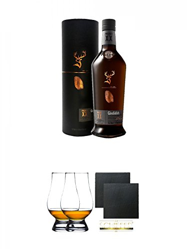 Glenfiddich XX Single Malt Whisky 0,7 Liter + The Glencairn Glass Whisky Glas Stölzle 2 Stück + Schiefer Glasuntersetzer eckig ca. 9,5 cm Ø 2 Stück