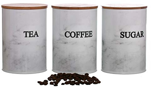 Retro Tea Coffee Sugar Canisters Jars Air Tight Lids Kitchen Storage Set of 3 ( Marble Effect OP174 )