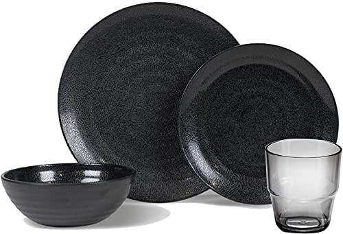 Melamin Camping Geschirrset 16 teilig - für 4 Personen in schwarz mit 4 Wassergläsern 230 ml - Campinggeschirr - stabil - bruchsicher - leicht abwaschbar Gläser und Geschirr