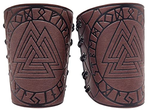 Bracciali Vichinghi Odino Valknut Polsino Largo In Pelle Bracciali Medievali Bracciali Vichingo Armatura Bracciali Per Tiro Con l'Arco Braccialetto Con Guanto Di Protezione Avvolgente (Marrone)