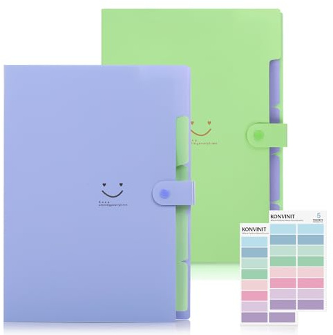KONVINIT 2 Pack Expanding File Folder Organizer,5 Pocket Folder with Labels,A4 Folders for Paperwork Expanding Folders with Dividers for Office,School,Home