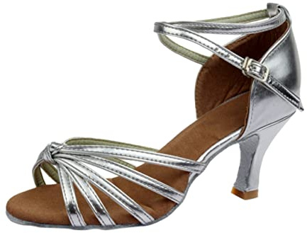 PLAFOPE Knotted Strap High Heels Latin Dance Shoes for Women Size 36 Open-Toed Ballroom Samba Dancing Shoes with Elegant Snakeskin Texture Silver