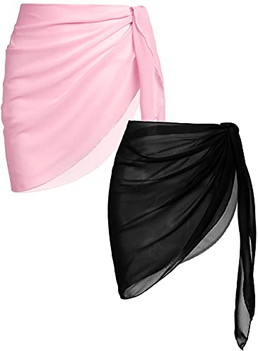 AVAYUU 2 stycken strandwrap för damer, sarong, täckande chiffong, baddräkt, kort, bikini, cover up, omlottkjolar, leopard, blad, kokospalm, sexig pareos, strandhandduk, strandklänning, handdukar, sommar, Svart – rosa, En Storlek