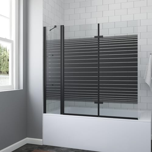 Badewannenaufsatz 3 Teilig Schwarz matt 150 x 140 cm Duschtrennwand für Badewanne Badewannenfaltwand Duschwand Glas faltbar Dusche 5 mm Einscheiben Sicherheitsglas Echtglas Nano Beschichtung Eckregale