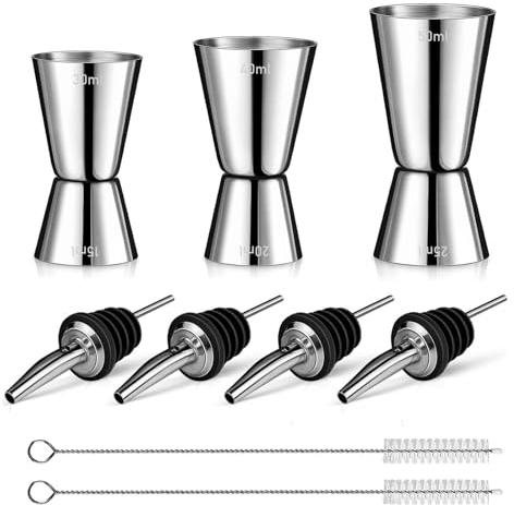 3 Stück Cocktail Messbecher, Barmaß Messbecher Jigger Cocktails mit 4 Flaschenausgießer & 2 Bürste Gin Measuring Cups Set 4cl/5cl/6cl Edelstahl Barmaß für Bar Party Drink Shaker Cocktailmixer