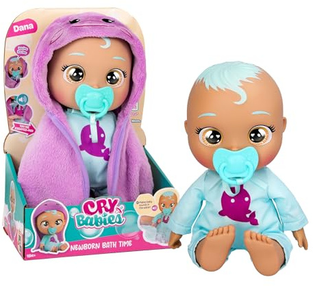 Bebés Llorones Newborn Bath Time Dana, Muñeca Bebé, Recién Nacida Disfruta de la Hora del Baño Reaccionando al Agua y Llorando Lágrimas de Verdad, Juguete para Niñas y Niños de 18+ Meses