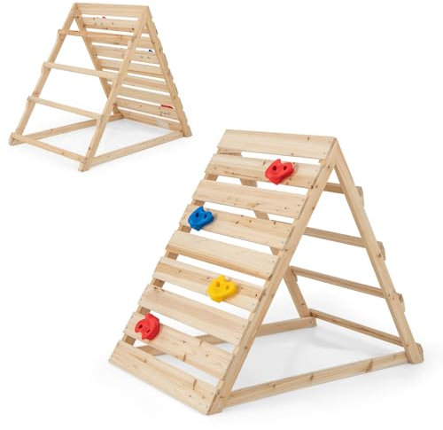 GOPLUS Triangle Escalade Enfant en Bois, 3-8 Ans, Jouet Echelle Montesorri Triangulaire Double Face avec Rochers d'escalade Colorés, pour Garderie, Aire de Jeux,112 x 70 x 96 cm