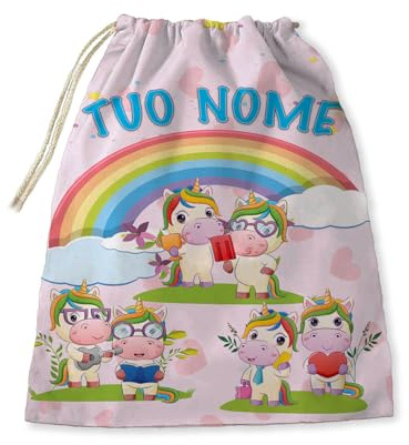 Sacca Asilo porta bavaglini tovagliette ecc Scuola Materna/Elementare, Nido,Sport, personalizzato con nome bambino regalo inizio scuola (Unicorni con arcobaleno)