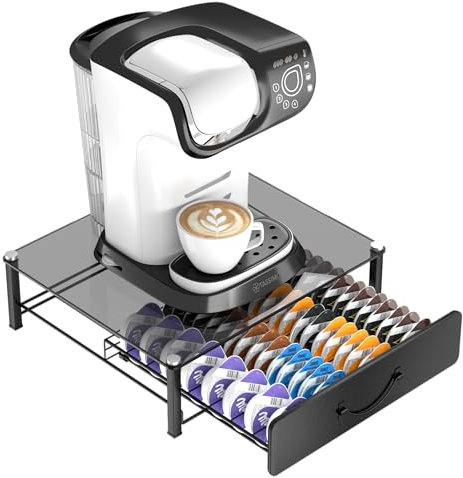 Tassimo Pods Holder,64 Capsule Metal Coffee Pod Holder,Bosch Tassimo Stand & Pod Storage Drawer, Anti-vibration Design Coffee Station Organizer- Black (Tassimo-grey)