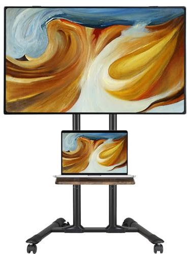 ETHU TV Ständer mit Rollen, Mobiler Fernseherständer mit Feststellrädern für 32-85 Zoll TVs (LCD/LED/Plasma) bis zu 60KG, Höhenverstellbar & Tragbar mit Laptopablage, Max VESA 600x400 mm