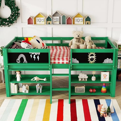 Merax Kinderbett 90x200 cm, Hochbett mit Stauraum und Rausfallschutz, Jugendbett mit Leiter, Bücherregal & Zeichentafel, Holzbett mit Lattenrost - Kiefer massivholz, ohne Matratze, Grün