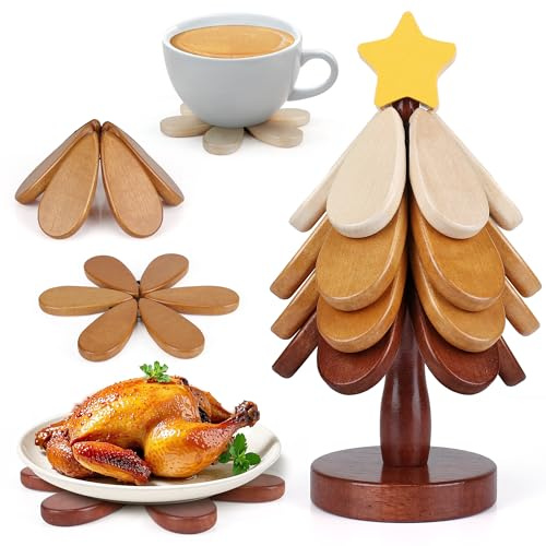 Christmas Tree Trivet Wooden Trivets for Hot Dishes, Christmas Tree Coasters Wooden Set of 4, Table Decor Coaster for Home and Restaurant