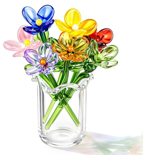 Fiwochic 7 Pcs Miniature Glass Flower Leave and 1 Pcs Vase Set Small Mini Glass Birth Month Flower with Stems Crystal Wildflower Bouquet for Women Mom Mother's Day Office Home Table Centerpiece