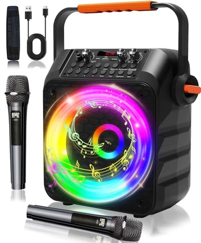 Omeyo Máquina de karaoke con 2 micrófonos, para adultos, altavoz portátil con sistema PA, compatible con TWS/FM/AUX/USB/TF/REC para fiestas, cumpleaños, hogar (naranja)