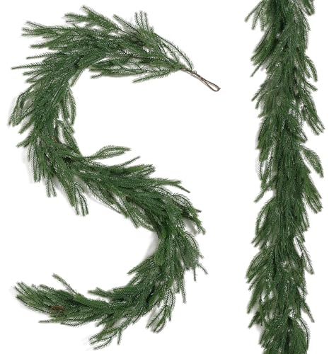 Wenhuidr 2Pcs 6FT Artificial Christmas Norfolk Pine Garlands, Real Touch Faux Winter Greenery Garland, Realistic Green Decoration for Table, Mantle, Fireplace, Wall, Indoor & Outdoor Holiday Décor