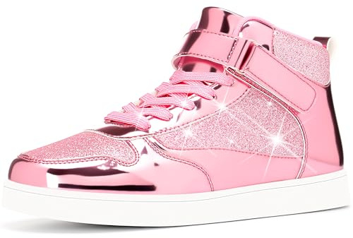 APTESOL Damsneakers med metallisk finish för hög topp med glitteraccenter och justerbar rem, unisex glittrande modepromenadskor för vardag och festkläder