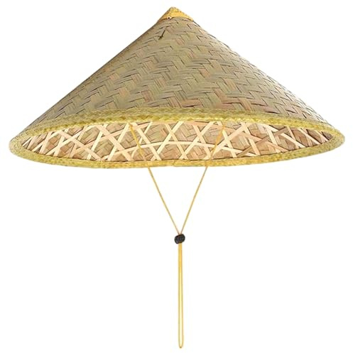 BEAHING Cappello di Riso, Cappello di bambù Cinese, Cappelli da Sole orientali in Paglia con Corda, Berretto da Pioggia turistico in Paglia di Riso da 14 Pollici per Contadino, Giallo Chiaro