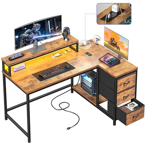 Cliporix L Shaped Computer Desk, 120x80CM Big Sturdy PC Desk with Integrated Power Outlets & RGB Lights, Reversible Corner Desk with Fabric Drawers for Home Office, Table & Workstations
