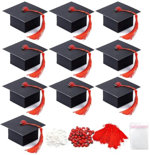 Naiocase 60 Pezzi Bomboniere per Laurea, Scatole a Forma di Cappello con Nastro Rosso, Portaconfetti Senza Colla per Festa di Lauree
