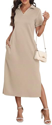 Grecerelle Abito da Donna Elegante Estivo come Polo, Maxi Abito, Lungo fino alle Caviglie con Tasche, Ideale per Ufficio e Tempo Libero, Tessuto di Facile Manutenzione, L