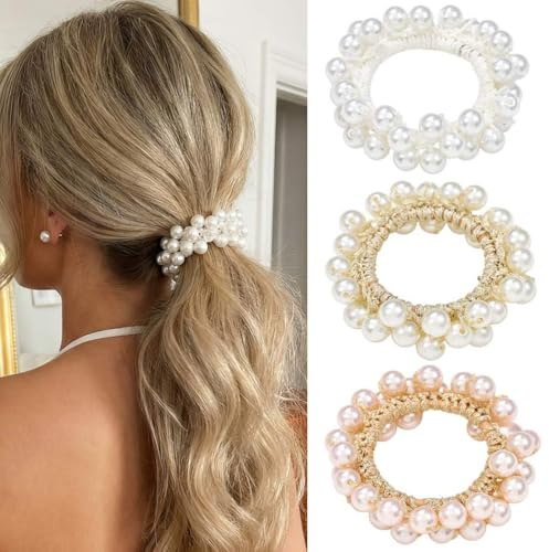 CAKURE Pearl Hair Ties Beaded Hair Scrunchies Pearl Ponytail Holder Elastic Hair Bands Rope Hair Accessories for Women (Pack of 3)