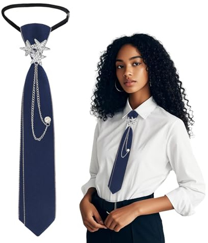 Gsyziux Pre-Tied Skinny Ties for Women Vintage Girls Neck Tie Adjustable Ladies Tie with Chain School Party Shirts Accessory (Navy Blue)