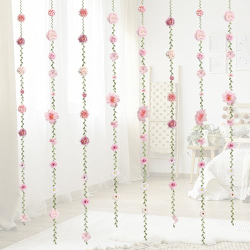 6 PCS Artificial Rose Flowers Hanging Decorations, Flower Hanging Garland Banner for Wedding Party Background Birthday Anniversary Arch Decor (Green Leaves)