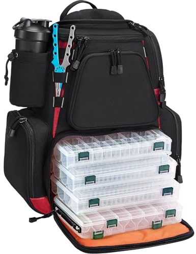 Piscifun Fishing Backpack with 2 Rod Holders & 4 Tackle Boxes, Large Tackle Storage Bag With Rain Cover for Fishing Gear, Black