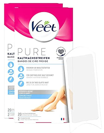 Veet Pure Kaltwachsstreifen für Körper, Arme & Beine - Haarentfernung für sensible Haut - Bis zu 28 Tage glatte Haut - 2 x 20 Kaltwachsstreifen