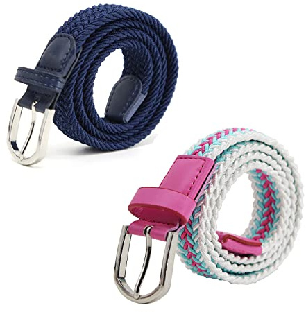 AnJuHoPa barnbälte elastiskt bälte stretchbälte för pojkar flickor, flerfärgat tygbälte kvinnor 2,5 cm bredd 80 cm längd med metallspänne, Marin och (vit blå rosa), 2PCS/Länge 80cm