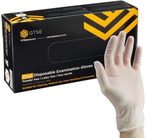 GTSE Clear Vinyl Gloves, EN 455 Compliant, Powder Free, Heavy Duty Disposable Gloves, Box of 100, Small (S)