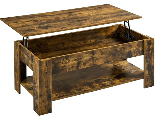 Yaheetech Lift Up Coffee Table, Wooden Lifting Coffee Table with Hidden Storage Drawer and Open Shelf, Space-saving Tea Tables for Living Room/Reception, Rustic Brown, 120x60x(49-63.5) cm