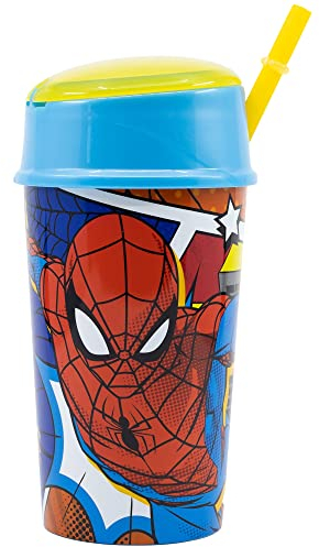 GOBELET RÉUTILISABLE POUR ENFANTS DE 400 ML EN PLASTIQUE SANS BPA AVEC COMPARTIMENT À SNACK DANS LE BOUCHON | SPIDERMAN MIDNIGHT FLYER