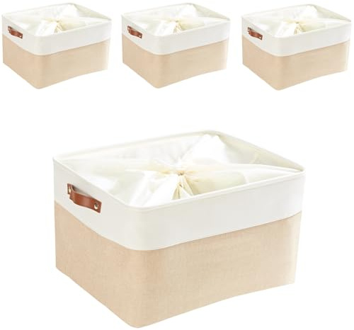 Mangata Fabric Storage Boxes, Thickened Canvas Storage Baskets with Handle for Shelves, Clothes Toys (XXL, Khaki/White, with Drawstring,4 Pcs)