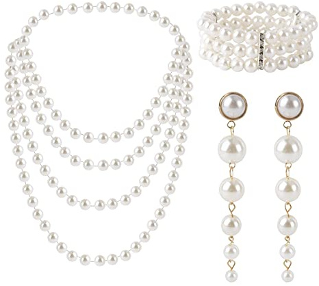 AWAVM Lot de 3 paires perles synthétiques avec longues boucles d'oreilles pendantes en plastique - Bracelet extensible à rangées des années 1920 Accessoires pour fête,bal,mariage,festival,Plastique