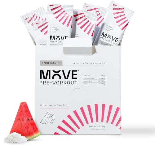 MOVE Pre Workout Powder - Hydration & Endurance Formula for Men & Women -Preworkout Sachets Electrolytes Powder with Caffeine & L-Arginine Informed Sport Certified 30 Servings Watermelon & Sea Salt