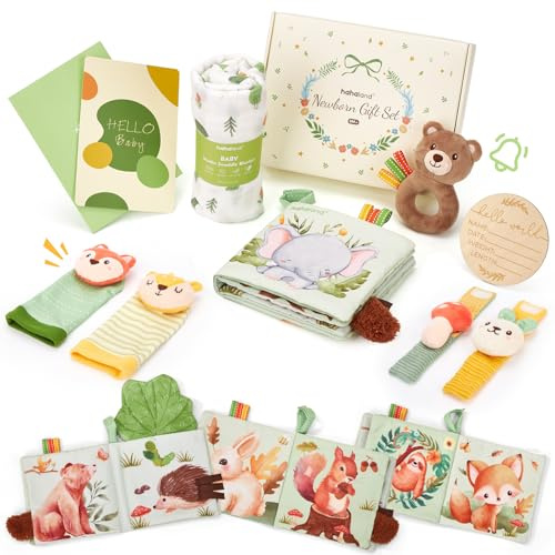 Hahaland 9-teiliges Baby Geschenk, Babygeschenke zur Geburt Mädchen Junge, Neugeborenen Windeltorte mit Swaddle-Wickeltuch, Baby Buch, Rasselsocken, Meilensteinkarten | Babyparty & Baby Shower