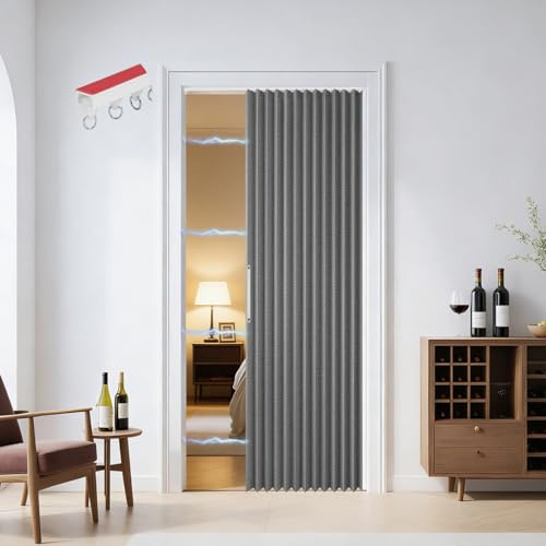 Btstil Magnetischer Türvorhang, 100% Verdunkelung, Akkordeon-Tür mit Magnetverschluss, Klebemontage ohne Bohren, inkl. Klebeschiene, Leinenoptik Faltbarer Raumteiler-Tür (Dunkelgrau)