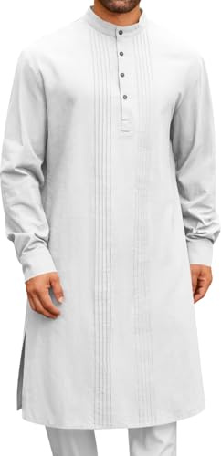 Runcati Mens Kaftan Robe Button Down Long Sleeve Cotton Linen Thobe Casual Muslim Gown Henley Shirt White