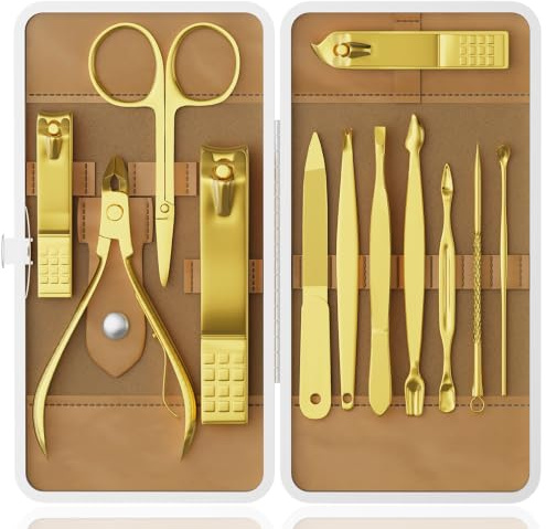ZIZZON Professional Nail Care Kit, 12-Piece Manicure & Pedicure Grooming Set with Travel Case, Stainless Steel Nail Clippers, Cuticle Trimmer & Beauty Tools, Portable Gift Set(Gold)