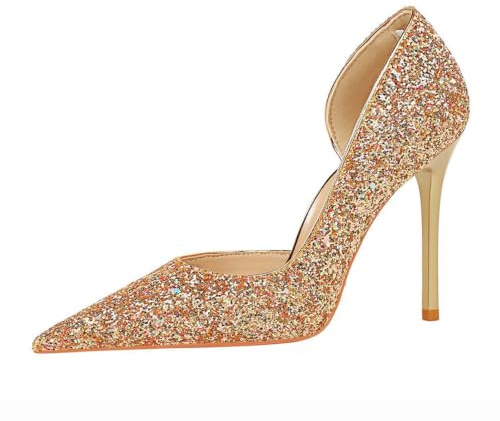 Escarpins à Talon Aiguille pour Femmes Paillettes Scintillantes Côté Ajouré (champagne10.5CM,42)