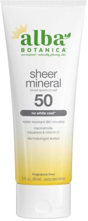 Alba Botanica Mineral Sunscreen Lotion SPF 50, Broad Spectrum, Fragrance Free, 3 Fl Oz (Packaging May Vary)