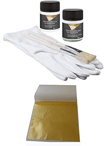 Startsats 100 blad bladguld guld imitation 13,5 cm x 13,5 cm med förgyllning + 1 x Kreul Vattenbaserat Lim 50ml + 1 x Kreul beläggning 50ml + 1 par handskar + 2 pensel