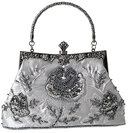 Womens Vintage Floral Beaded Rhinestone Embroidery Clutch Sequin Crossbody Bag Evening Handbag for Bridal Wedding Party Prom