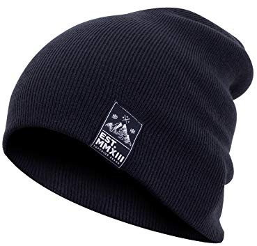 Manufaktur13 Slouch Beanie - Long Beanie Mütze, Strickmütze mit Echt-Leder/Stick Veredelung, Viele Farben zur Auswahl (M13) (Deep Navy)