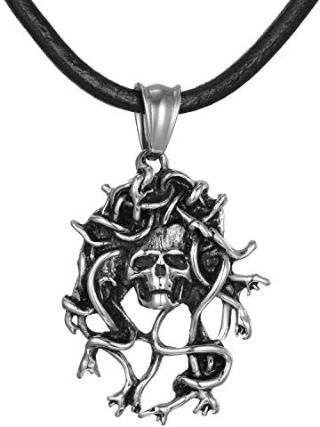 DonDon Collana in Cuoio Pelle 50 cm Ciondolo a Forma di Cranio Teschio Serpente in Acciaio Inossidabile Contenuto in Sacchetto