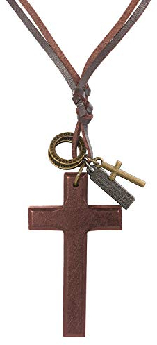 JewelryWe Holzkreuz Kreuz Halskette Herren: Braun Vintage Leder Kette mit Holz Kreuz Schrift Tag Ringe Anhänger Verstellbare Lederkette Lange Halskette Punk Schmuck Geschenk für Männer Frauen