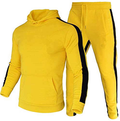 amropi Tute da Ginnastica Uomo Sportiva Set Pullover Felpa con Cappuccio e Jogging Pantaloni 2 Pezzi Tute Giallo,XL