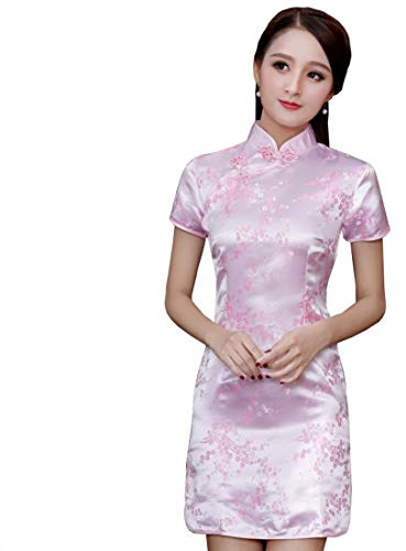 XueXian Women's Floral Flower Satin Brocade Qipao Cheongsam Short Sleeve Chinese Dresses Thigh Length (12, Pink)